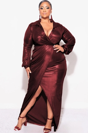 Final Sale Plus Size Faux Wrap Pleated Waist Foil Dress in Wine Outdoor Apparel Active Design