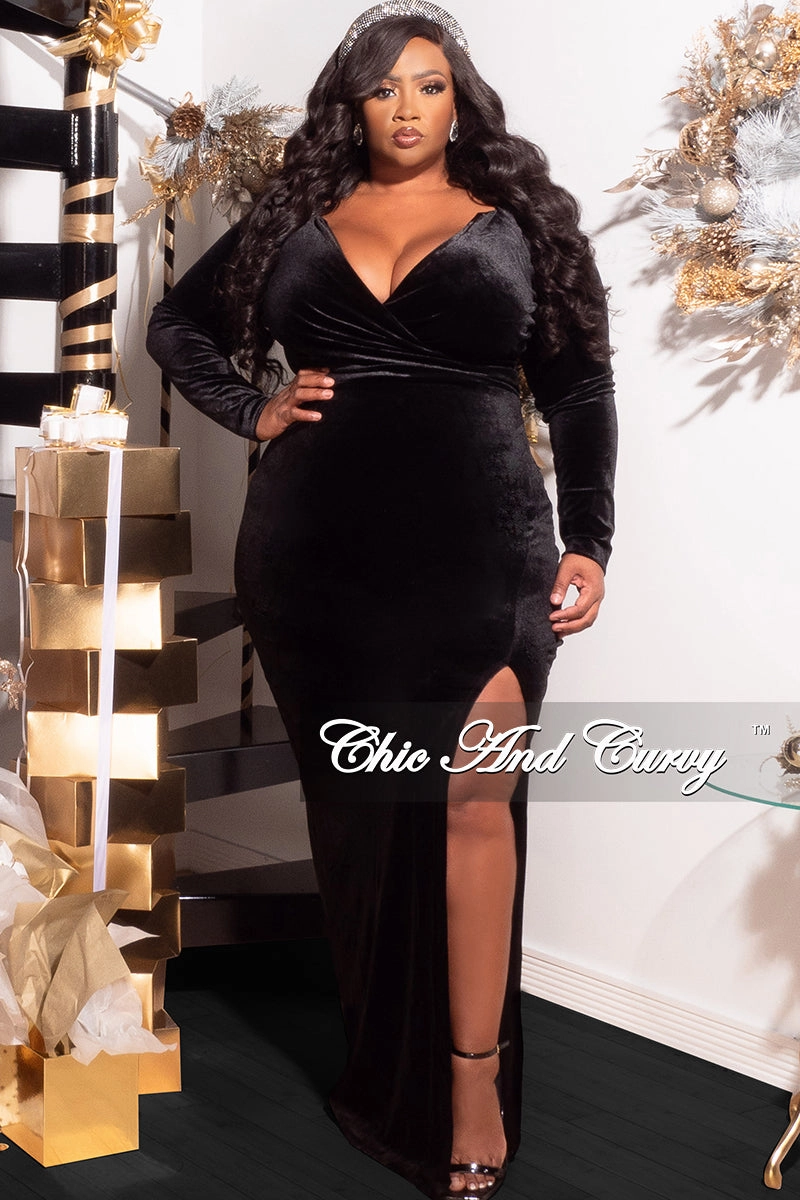 MultiPocket Design Final Sale Plus Size Faux Wrap Ruched Gown Velvet with Slit in Black