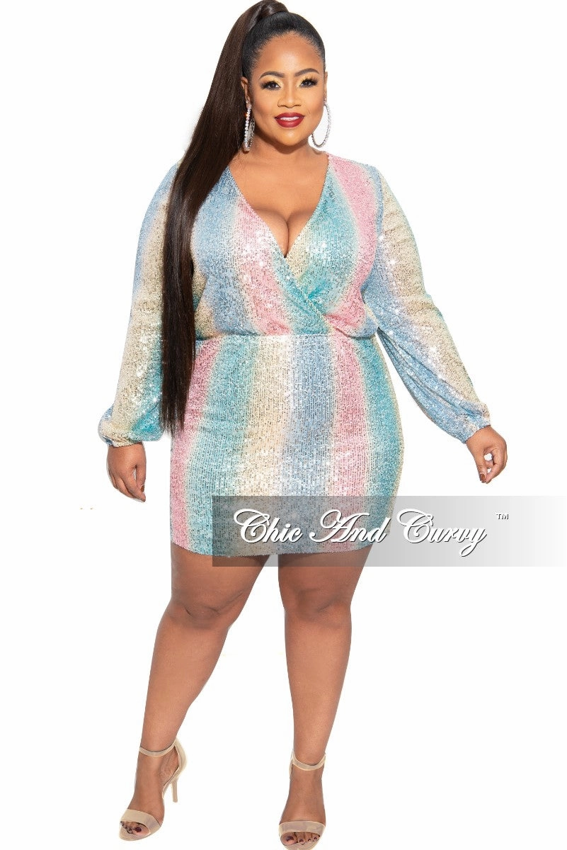 Comfortable Look Tagless Neckline Design Final Sale Plus Size Faux Wrap Sequin Mini Dress in Multi Pink Blue Yellow