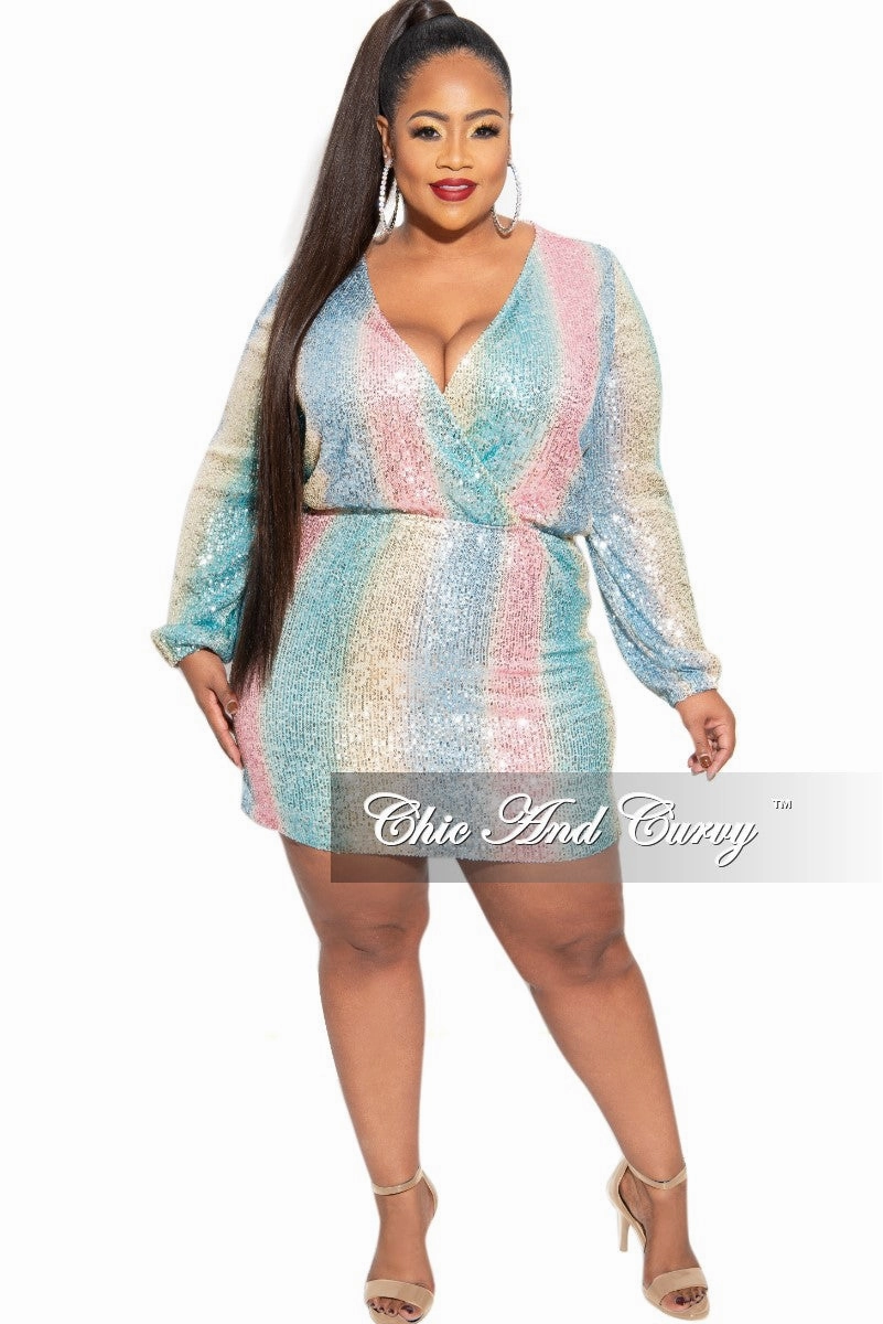 WideNeckOpening NonChafing Fabric Final Sale Plus Size Faux Wrap Sequin Mini Dress in Multi Pink Blue Yellow