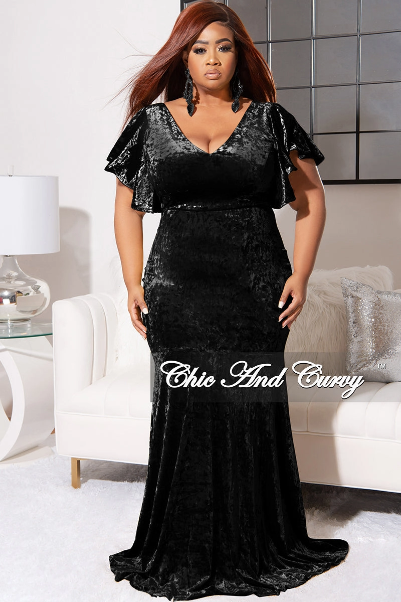 WrinkleResistant Cloth Flatlock stitching Final Sale Plus Size Faux Wrap Sleeves Gown Velvet in Black