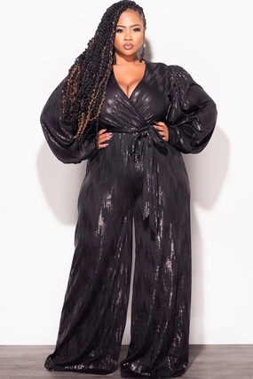 Final Sale Plus Size Faux Wrap Tie Jumpsuit in Black Faux Sequin Formal Tank