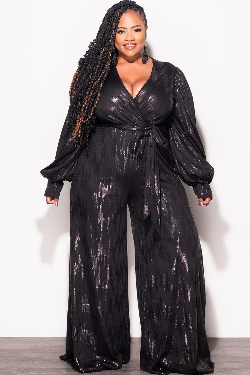ElasticTrimming Final Sale Plus Size Faux Wrap Tie Jumpsuit in Black Faux Sequin