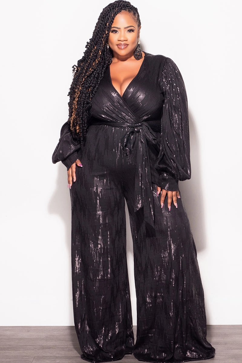 Final Sale Plus Size Faux Wrap Tie Jumpsuit in Black Faux Sequin Petal Sleeve Architecture V Neck Design