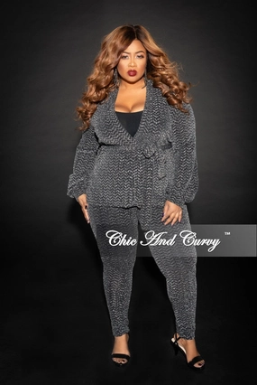 HighStretchElastic Antibacterial Fabric Final Sale Plus Size Final Sale Plus Size Jacquard 2-Piece Lounge Set with Tie in Silver and Black Glitter (Seasonal)