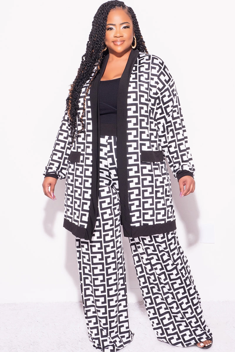 Movement Ready Fit Final Sale Plus Size Flocked Plaid 3pc Triangle Top, Maxi Cardigan and Pants Set in Black and White Maze Print