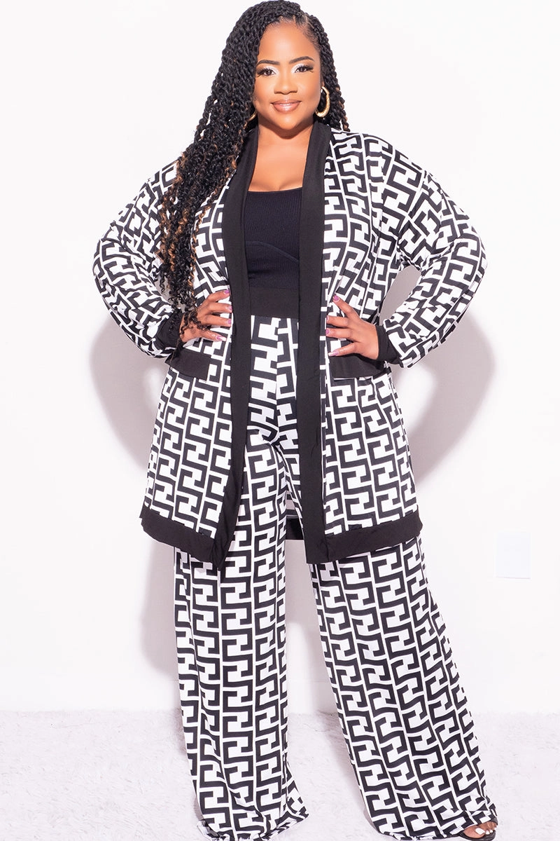 Final Sale Plus Size Flocked Plaid 3pc Triangle Top, Maxi Cardigan and Pants Set in Black and White Maze Print Stylish Comfort Abrasion Resistant Panels