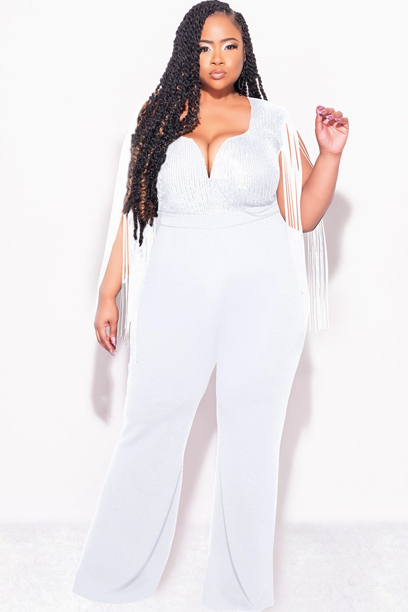 Final Sale Plus Size Fringe Shoulder Faux Wrap Sequin Jumpsuit Ivory RibbedTrim Comfortable Design