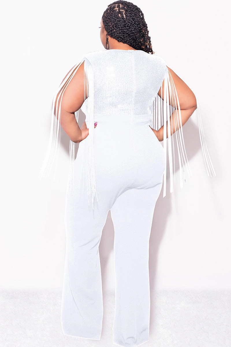 Final Sale Plus Size Fringe Shoulder Faux Wrap Sequin Jumpsuit Ivory Tactile Soft Texture Ultraviolet Protection Fabric