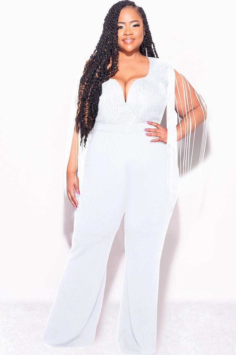 Final Sale Plus Size Fringe Shoulder Faux Wrap Sequin Jumpsuit Ivory Comfy Fit