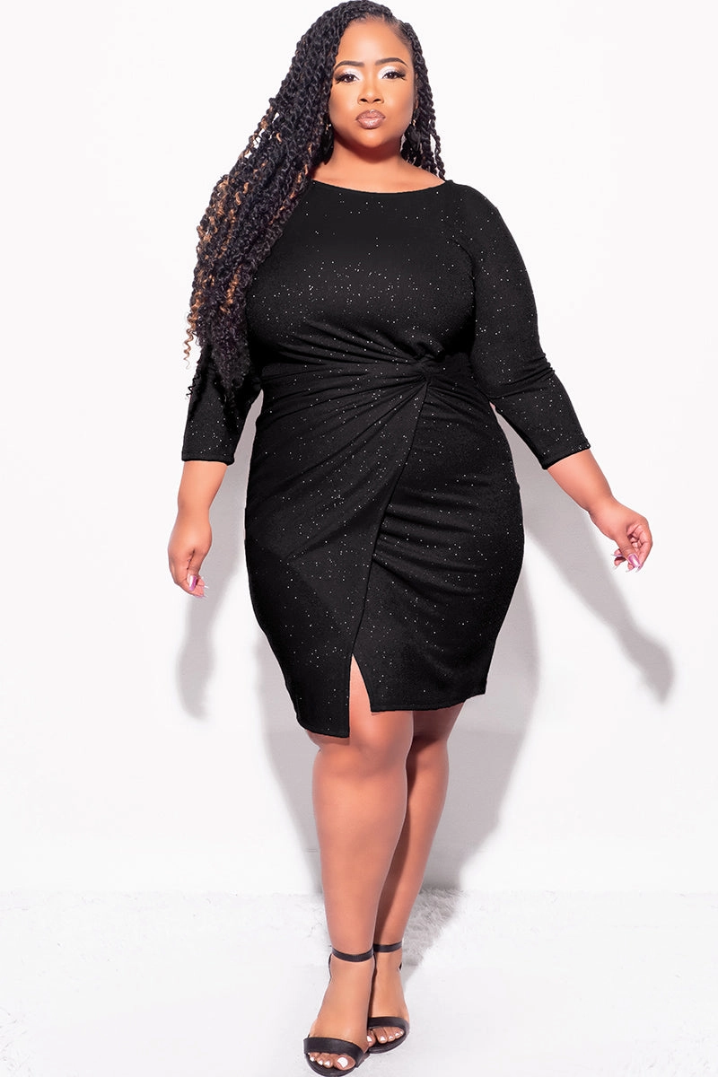 Final Sale Plus Size Glitter BodyCon with Front Overlay and Ruched Side in Black UVProtectionCoating
