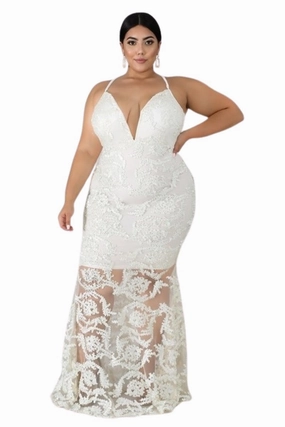 FrenchTerry Final Sale Plus Size Gown with Deep V and Mermaid Bottom in Ivory