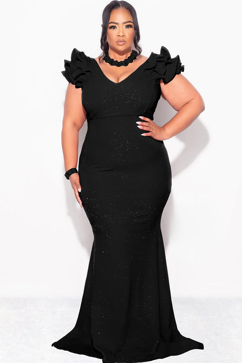 AntiPill Finish Final Sale Plus Size Gown with Layered Sleeves in Glitter Black Fabric