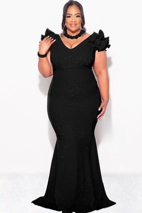 Layered Neckline Details Reflective Accent Trim Final Sale Plus Size Gown with Layered Sleeves in Glitter Black Fabric