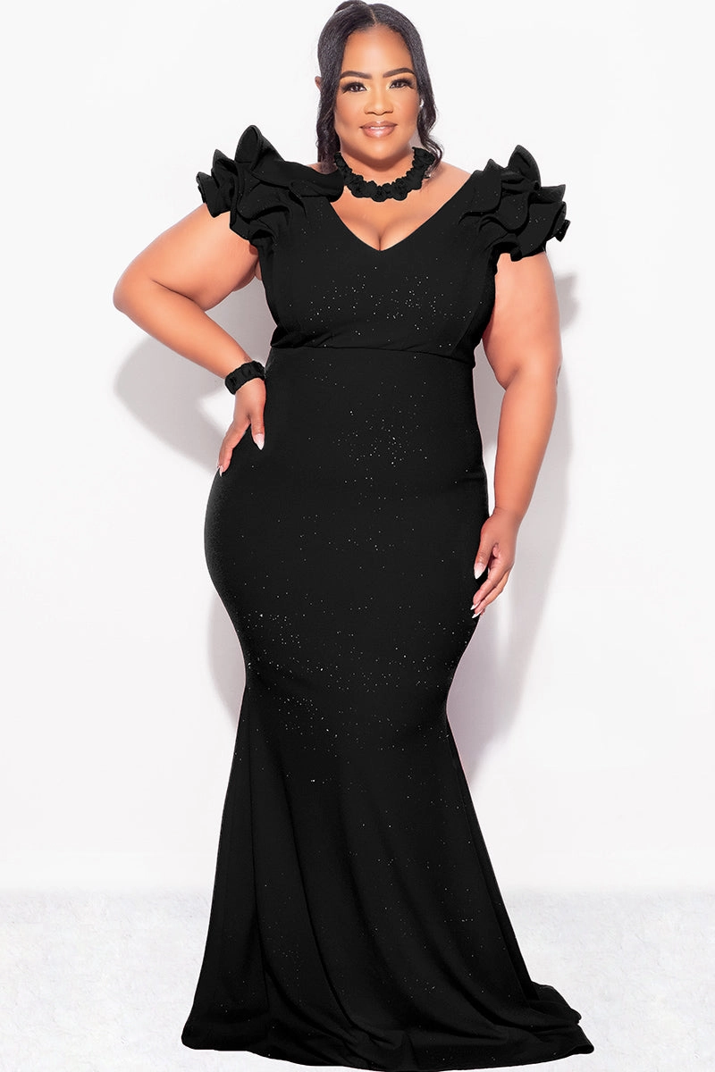 AllSeason Wearability DoubleLayeredCollar Final Sale Plus Size Gown with Layered Sleeves in Glitter Black Fabric