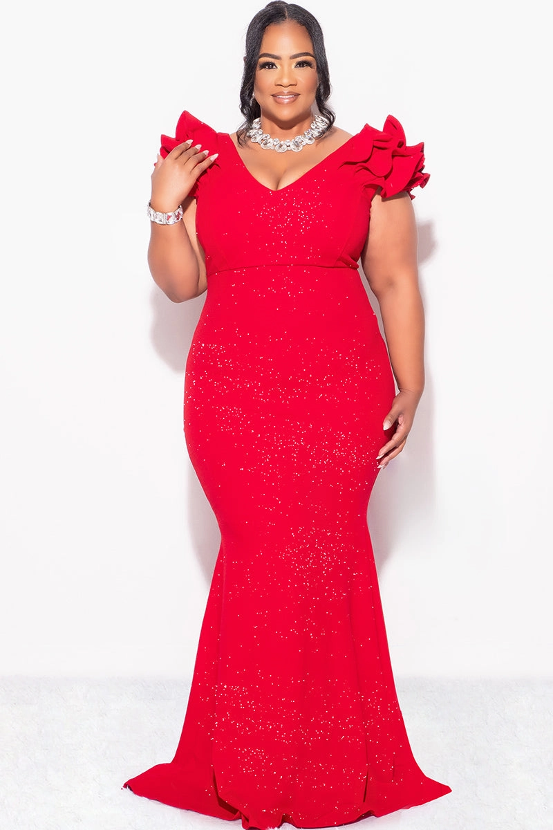MidweightJersey Final Sale Plus Size Gown with Layered Sleeves in Glitter Red Fabric