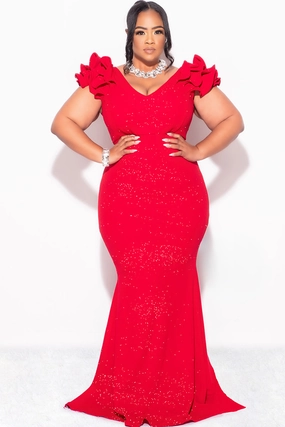 Stretchy Top Final Sale Plus Size Gown with Layered Sleeves in Glitter Red Fabric