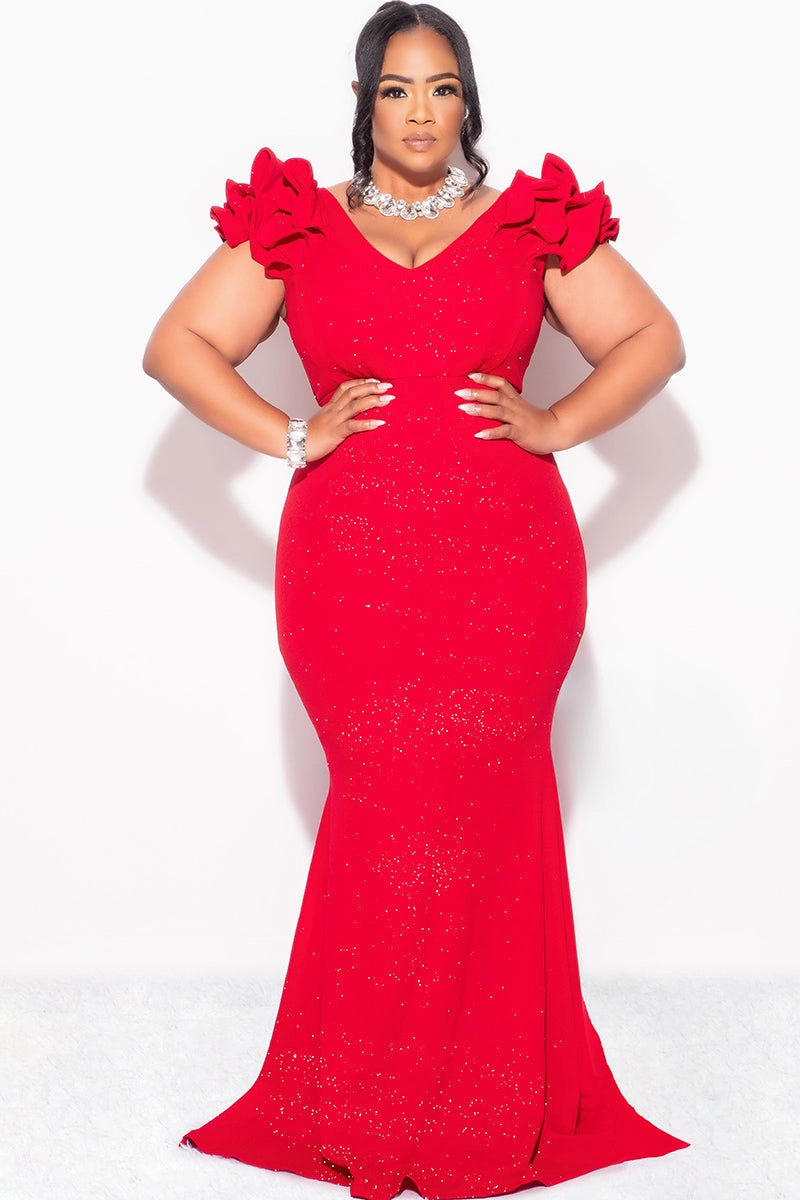 Stretchy Top Final Sale Plus Size Gown with Layered Sleeves in Glitter Red Fabric