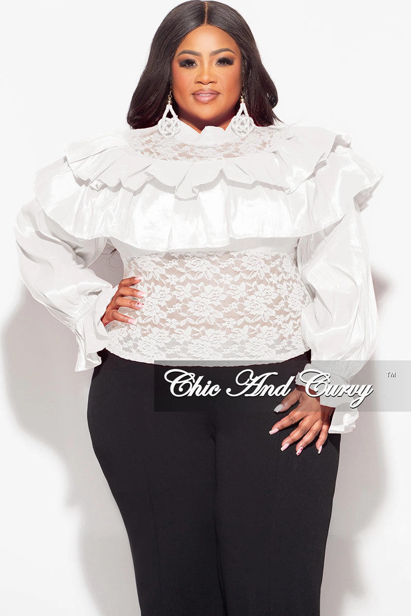 Final Sale Plus Size Lace Ruffle Blouse in White Minimalist Collar Sporty Blouse