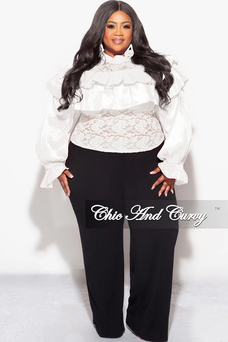 Two Tone Texture Effect SoftBrushed Final Sale Plus Size Lace Ruffle Blouse in White