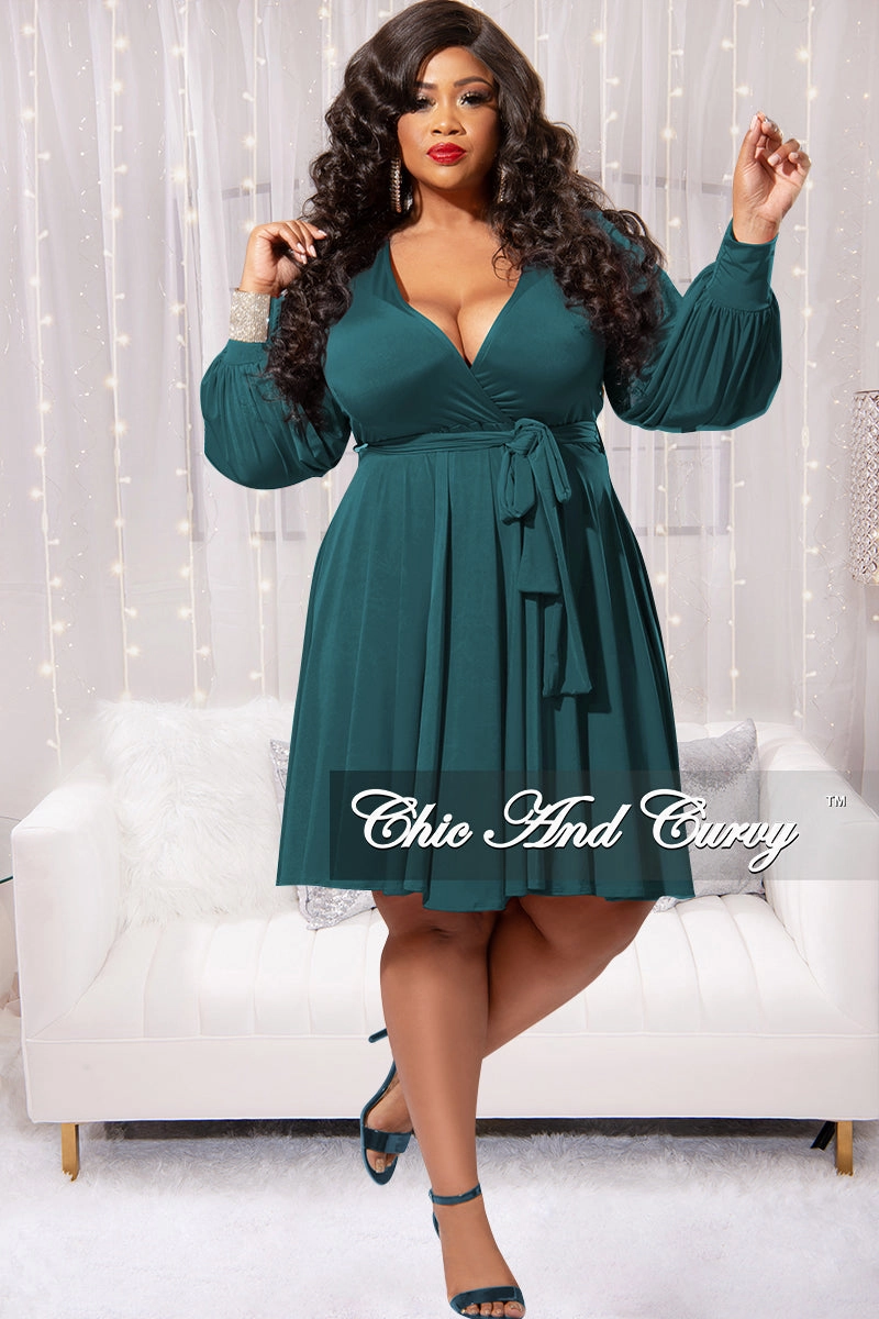 Sporty Sweatshirt LowImpact Manufacturing Final Sale Plus Size Long Sleeve Faux Wrap Skater Dress in Hunter Green