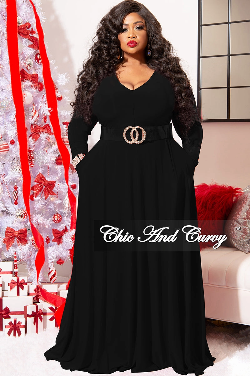 Final Sale Plus Size Long Sleeve Gown with V-Neck in Black Non Irritating Seam Finish
