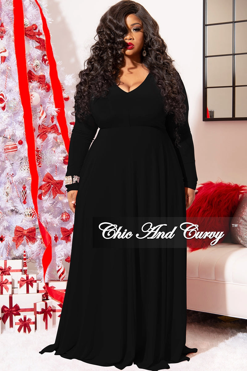 Final Sale Plus Size Long Sleeve Gown with V-Neck in Black Recycled Polyester Material