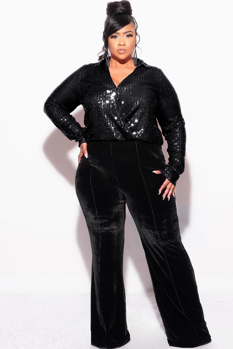CollapsibleFrame SoftBrushed Final Sale Plus Size Long Sleeve Sequin Top Elastic At The Waist - Black
