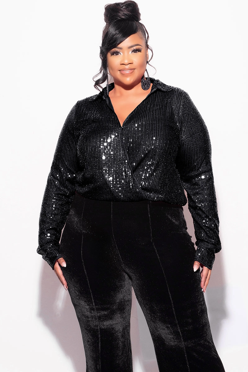 Final Sale Plus Size Long Sleeve Sequin Top Elastic At The Waist - Black Bold Patterns High Collar Design