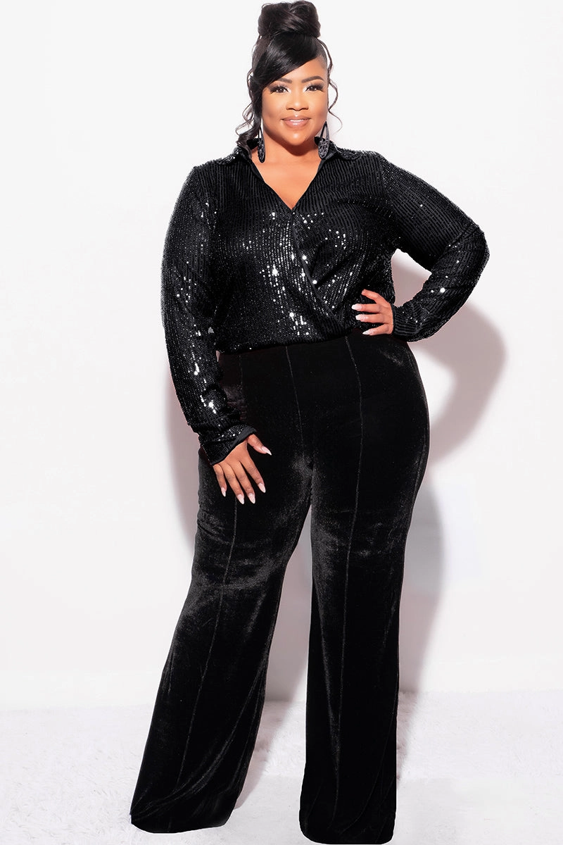 Temperature Regulating Fibers Final Sale Plus Size Long Sleeve Sequin Top Elastic At The Waist - Black