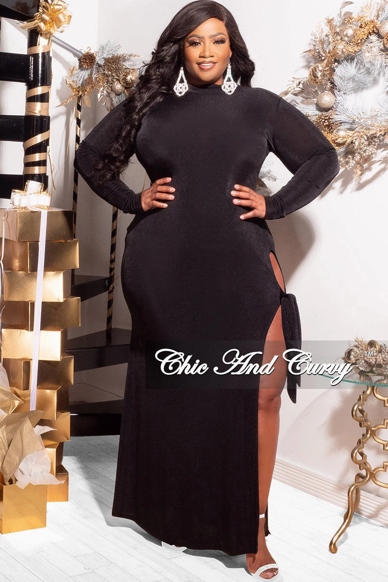 Final Sale Plus Size Maxi Dress with High Slit and Tie in Black PaddedInsulation