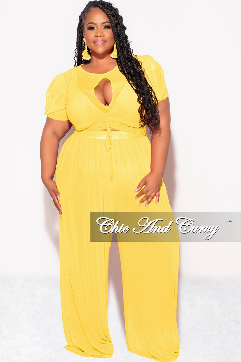 Final Sale Plus Size Mesh 3pc Set Top, Bralette, & Pant with Briefs in Yellow Simple Comfort Reinforced Stress Points