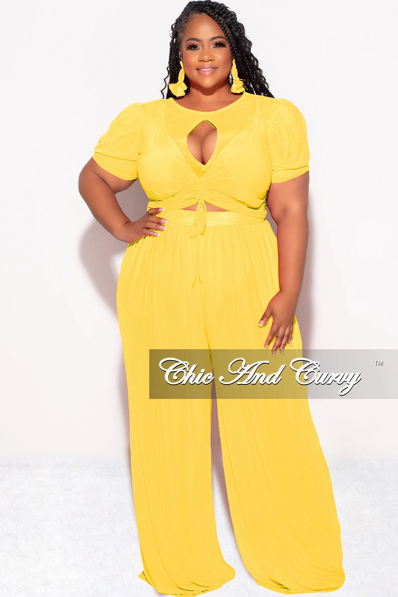 Travel Essential Final Sale Plus Size Mesh 3pc Set Top, Bralette, & Pant with Briefs in Yellow