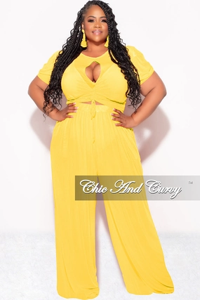 Comfortable Leg Final Sale Plus Size Mesh 3pc Set Top, Bralette, & Pant with Briefs in Yellow