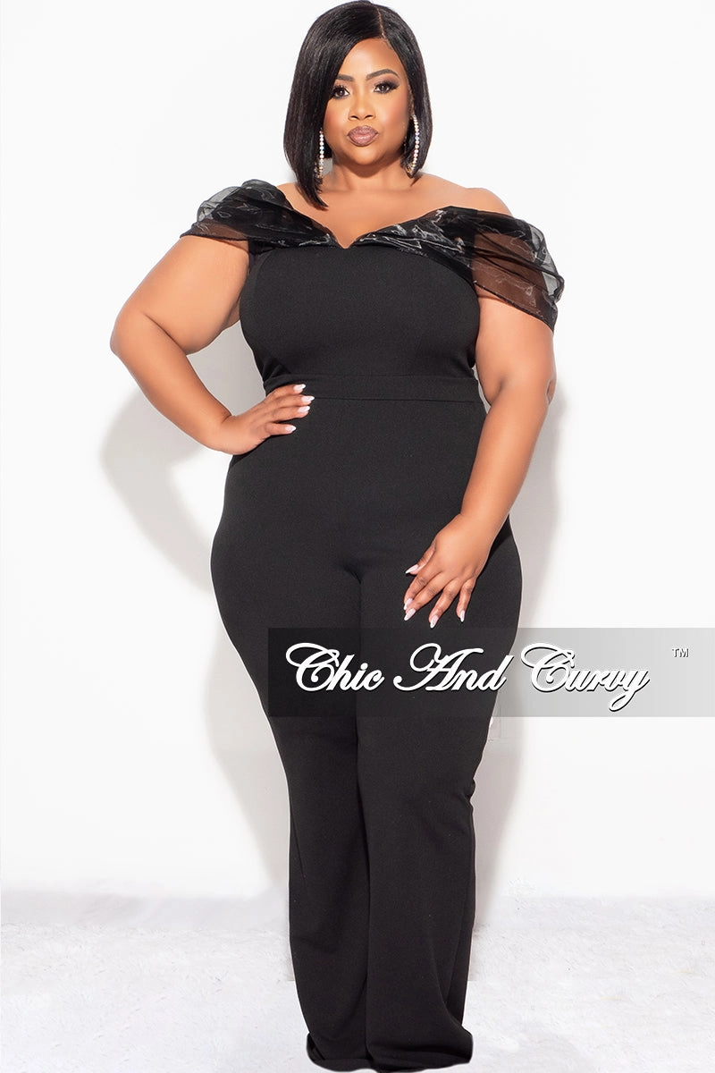 Final Sale Plus Size Mesh Off The Shoulder Plus Size Jumpsuit in Black Adjustable Fit System