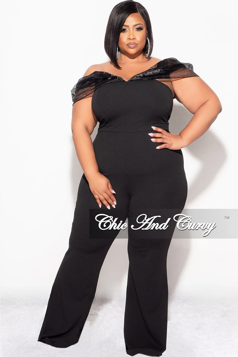 Final Sale Plus Size Mesh Off The Shoulder Plus Size Jumpsuit in Black Slim Silhouette Cooling Technology