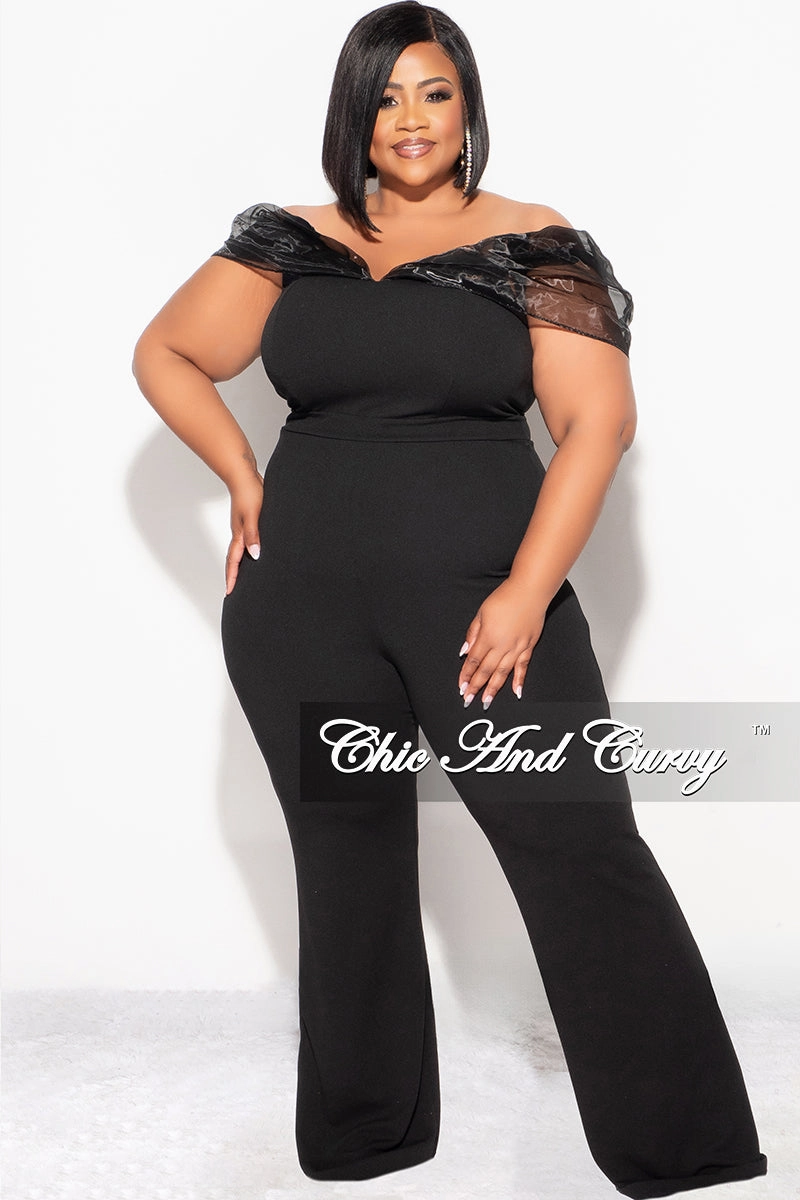 Final Sale Plus Size Mesh Off The Shoulder Plus Size Jumpsuit in Black DurableBlend Flatlock Seam Design