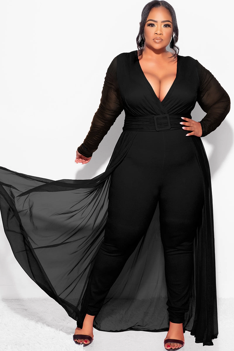 Final Sale  Plus Size Mesh Ruched Sleeve Jumpsuit with Attached Long Skirt in Black Denim Shirt