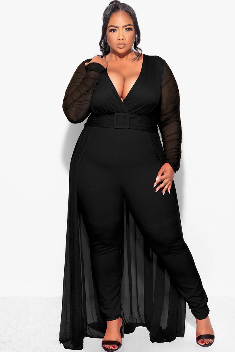 Final Sale  Plus Size Mesh Ruched Sleeve Jumpsuit with Attached Long Skirt in Black Double Needle Hemming Multi Directional Mobility