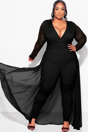 Final Sale  Plus Size Mesh Ruched Sleeve Jumpsuit with Attached Long Skirt in Black Denim Shirt