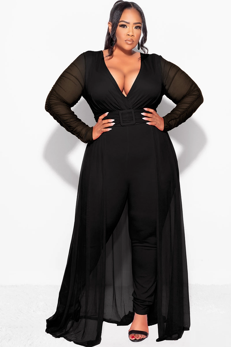 Contoured Armhole Design Final Sale  Plus Size Mesh Ruched Sleeve Jumpsuit with Attached Long Skirt in Black