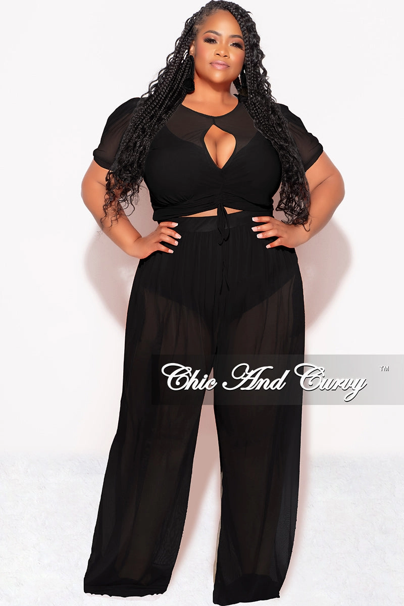 Easy Care Fabric Finish Double Needle Stitching Final Sale Plus Size Mesh (See Through) 3pc Set Top, Bralette, & Pant with Briefs in Black