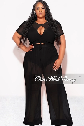 Final Sale Plus Size Mesh (See Through) 3pc Set Top, Bralette, & Pant with Briefs in Black Relaxed Style QuickReleaseBuckle