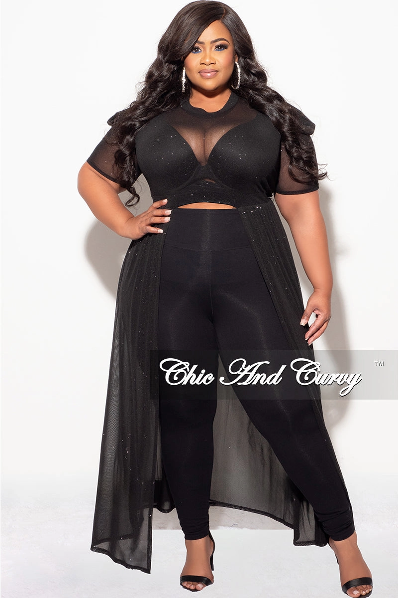 Final Sale Plus Size Mesh Top with Train in Black Glitter Tubular Body Construction