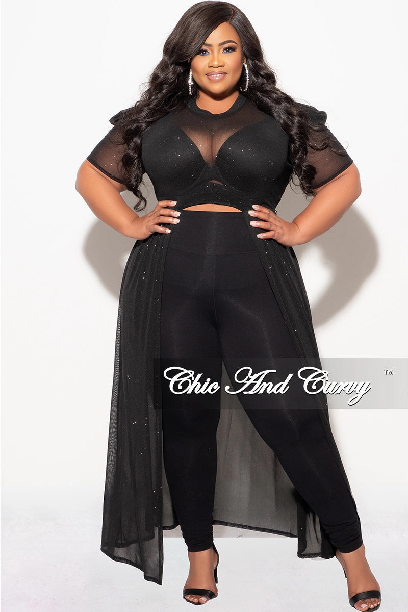 Flexible Waistband Adaptation Final Sale Plus Size Mesh Top with Train in Black Glitter