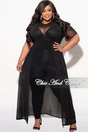 Tapered Side Panels Summer Wardrobe Final Sale Plus Size Mesh Top with Train in Black Glitter