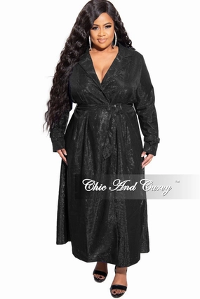 Contrast Stitch Final Sale Plus Size Metallic Collar Dress / Trench Coat with Belt in Black