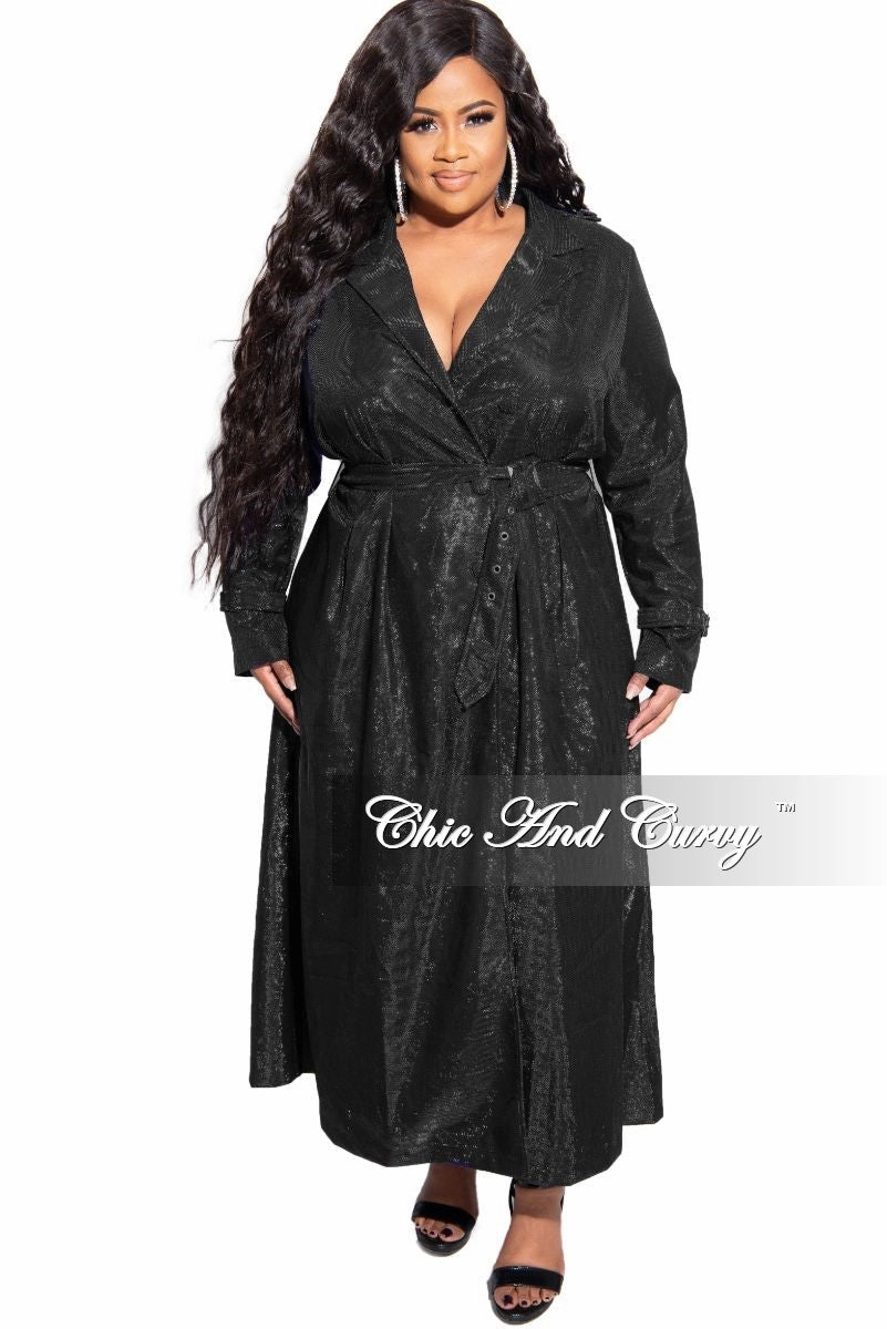 Contrast Stitch Final Sale Plus Size Metallic Collar Dress / Trench Coat with Belt in Black