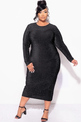 Anti Pilling Treatment Final Sale Plus Size Midi Bodycon Dress in Black Glitter Fabric