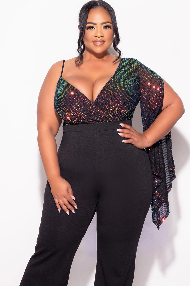 Final Sale Plus Size Multi Color Sequin Faux Wrap One Shoulder Jumpsuit with Slit Sleeve in Black DroppedShoulder
